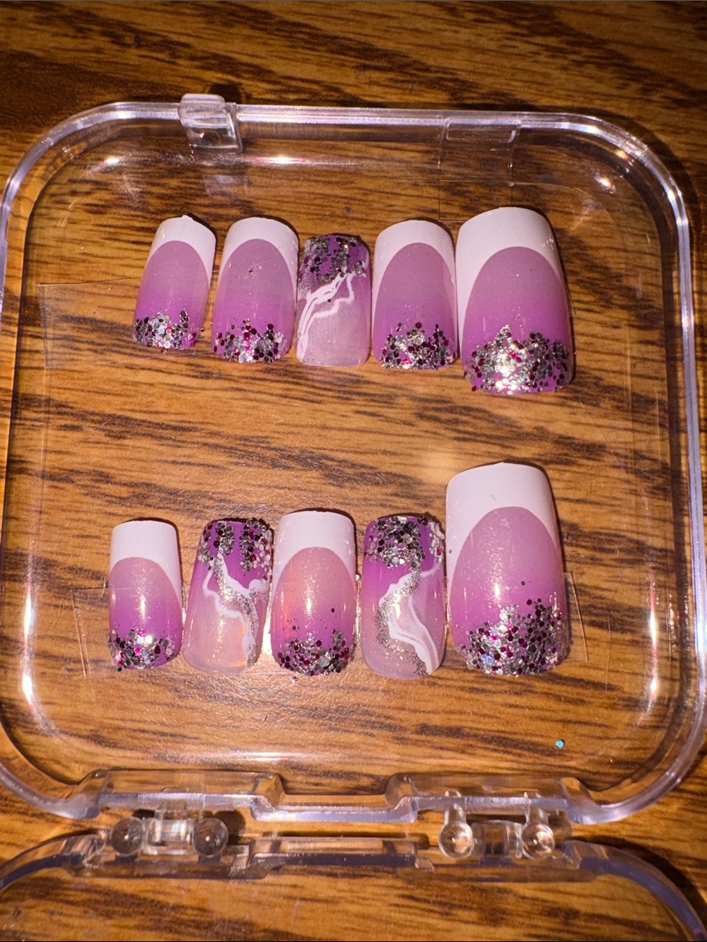 Press-On Nail Set - Pink Glitter French Tips with White Swirl